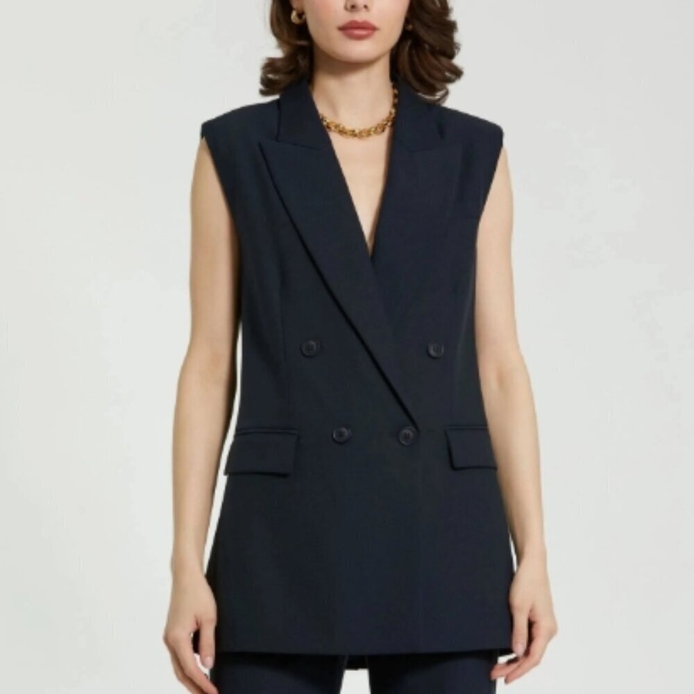 Mac Duggal Navy Tailored Crepe Sleeveless Blazer Vest – Size S – NWT